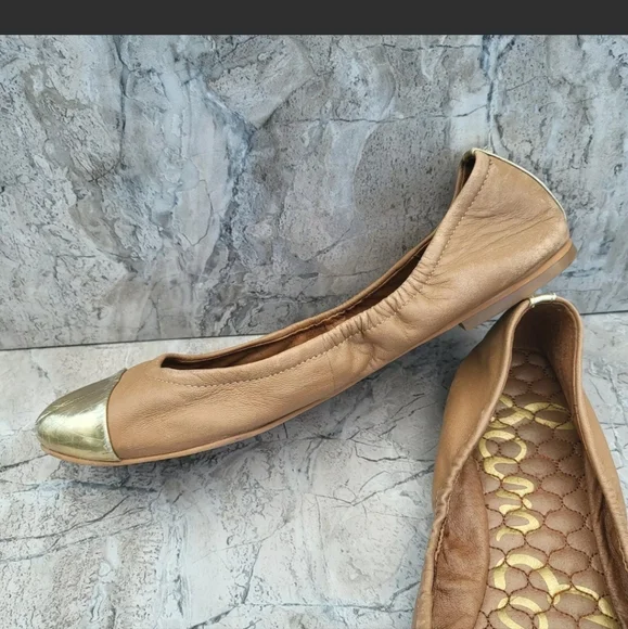 Sam Edelman Women's 7.5 Baxton 2 Tan Leather Gold Cap Toe Slip On Ballet Flats - Picture 8 of 11